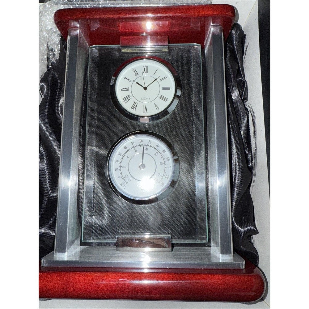 Italian Ottaviani Crystal and Wood Desktop‎ Swivel Clock& Thermometer Gift Boxed